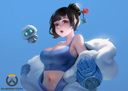 Rule 34 | 1girl, absurdres, black hair, blue gloves, blue sky, blue sports bra, breasts, brown eyes, coat, copyright name, day, drone, ezi, fur collar, gloves, hair bun, hair ornament, hair stick, highres, hot, large breasts, lips, mei (overwatch), midriff, navel, open mouth, overwatch, overwatch 1, parka, short hair, single hair bun, sky, snowball (overwatch), solo focus, sports bra, sweat, swept bangs, teeth, undressing, updo, upper body, upper teeth only, winter clothes, winter coat