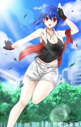 Rule 34 | 10s, 1girl, 2014, :d, artist name, black gloves, blue hair, breasts, cleavage, dated, fingerless gloves, gloves, grass, highres, jewelry, looking at viewer, necklace, open mouth, original, ponytail, red eyes, shorts, smile, solo, standing, standing on one leg, the-sinner