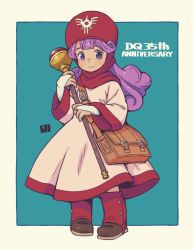 Rule 34 | 1girl, bag, blue background, boots, bridal gauntlets, brown background, closed mouth, commentary request, copyright name, dragon quest, dragon quest ii, dress, full body, holding, holding staff, hood, hood up, long hair, long sleeves, looking at viewer, mawaru (mawaru), orb, princess of moonbrook, purple eyes, purple hair, red footwear, shoulder bag, smile, solo, staff, standing, two-tone background, white dress, wide sleeves
