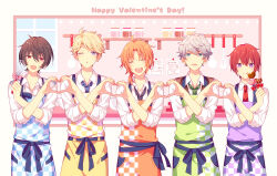 Rule 34 | 5boys, :d, :q, ;o, ^ ^, ahoge, apron, black hair, blonde hair, blue apron, blue eyes, blue ribbon, blush, candy, checkered apron, checkered clothes, closed eyes, closed mouth, collared shirt, commentary request, earrings, ensemble stars!, food, green apron, grey hair, hair between eyes, hands up, happy valentine, heart, heart hands, heart hands duo, holding, holding food, holding whisk, jar, jewelry, kina (446964), ladle, long sleeves, looking at viewer, low ponytail, male focus, medium hair, multiple boys, narukami arashi, one eye closed, open mouth, orange apron, orange hair, paper, parted bangs, parted lips, ponytail, purple apron, purple eyes, red eyes, red hair, ribbon, sakuma ritsu, sena izumi (ensemble stars!), shelf, shirt, short hair, short ponytail, sleeves past elbows, sleeves rolled up, smile, spatula, standing, suou tsukasa, swept bangs, teeth, tongue, tongue out, tsukinaga leo, upper teeth only, whisk, white shirt, window, wing collar, yellow apron