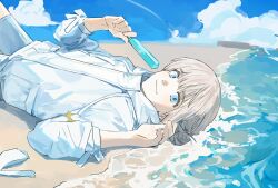 Rule 34 | 1boy, beach, blue eyes, fate/grand order, fate (series), food, highres, holding, holding food, holding popsicle, jacket, long sleeves, looking at viewer, lying, male focus, medium hair, nuehnana, oberon (fate), oberon (refreshing summer prince) (fate), official alternate costume, on back, popsicle, sand, sky, smile, solo, upper body, white jacket