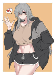 Rule 34 | 1girl, absurdres, black jacket, black shorts, border, breasts, brown shirt, closed mouth, collarbone, commission, dogs (dlrkdejr26), dolphin shorts, grey eyes, grey hair, hair between eyes, hand in pocket, hand up, highres, hood, hood down, hooded jacket, jacket, large breasts, long hair, long sleeves, looking at viewer, midriff, navel, open clothes, open hand, open jacket, orange background, original, shirt, shorts, simple background, solo, thighs, upper body, white border