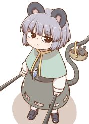 Rule 34 | 1girl, animal ears, basket, black eyes, black footwear, capelet, from side, green capelet, grey hair, grey skirt, highres, holding, holding stick, jewelry, long sleeves, looking at viewer, mouse (animal), mouse ears, mouse tail, nazrin, necklace, poronegi, prehensile tail, shoes, short hair, skirt, solo, standing, stick, tail, touhou