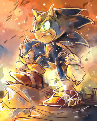 Rule 34 | 2boys, aimf, angry, clenched hands, clenched teeth, dual persona, fire, frown, furry, furry male, gloves, green eyes, male focus, multiple boys, shoes, sneakers, socks, sonic (series), sonic forces, sonic the hedgehog, sonic the hedgehog (classic), teeth