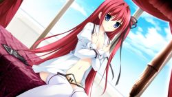 Rule 34 | 1girl, blue eyes, bra, covering privates, covering breasts, dressing, game cg, indoors, kimishima ao, lingerie, long hair, navel, ootori rena, open clothes, open shirt, otome ga tsumugu koi no canvas, panties, red hair, shirt, sitting, solo, thighhighs, underwear, white thighhighs, window