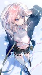 Rule 34 | 1girl, arm up, boots, coat, copyright request, fishnets, footprints, fur-trimmed coat, fur trim, halterneck, halterneck, highres, miwano rag, mole, mole under eye, navel, pink eyes, pink hair, snow, snowing, solo, thighhighs, white thighhighs, wing collar, winter clothes, winter coat