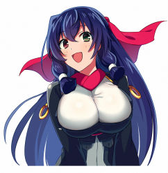 Rule 34 | 1girl, :d, asada hachi, asama tomo, blue hair, breasts, dark blue hair, green eyes, hair between eyes, hair tubes, heterochromia, kyoukaisenjou no horizon, large breasts, long hair, looking at viewer, open mouth, red eyes, simple background, smile, solo, white background