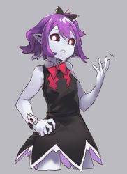 Rule 34 | 1girl, absurdres, bare shoulders, black dress, black sclera, closed mouth, colored sclera, colored skin, cowboy shot, cropped legs, dress, fang, grey background, grey skin, hand up, highres, looking at viewer, musume (yuunama), parted lips, purple hair, reiga (act000), short dress, simple background, skin fang, solo, standing, white eyes, wristband, yuusha no kuse ni namaiki da