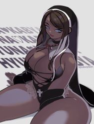 Rule 34 | 1girl, black jacket, black leotard, blue eyes, breasts, grey background, habit, hair behind ear, highres, hyunako, jacket, jewelry, kabiyapyo, large breasts, leotard, looking to the side, necklace, nun, off shoulder, real life, sitting, smile, solo, thick thighs, thighs, twitter username