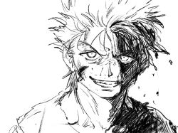 Rule 34 | 1boy, ging freecss, greyscale, grin, gssy 0, highres, hunter x hunter, male focus, monochrome, partially shaded face, portrait, short hair, sketch, smile, solo, sparse stubble, unkempt