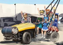 Rule 34 | 6+girls, :d, american flag dress, black hair, blonde hair, blue bow, blue dress, blue eyes, blue sky, bow, bowtie, car, chanta (ayatakaoisii), cirno, closed mouth, clownpiece, collared shirt, daiyousei, day, dress, driving, dust, gachimuchi pants wrestling, green hair, hair bow, hair ornament, hand up, hat, hat bow, ice, lily white, long hair, looking at viewer, luna child, motor vehicle, multiple girls, one side up, open mouth, orange hair, outdoors, red bow, red neckwear, sanpaku, shirt, sitting, sketch, sky, smile, standing, star sapphire, sunny milk, sweatdrop, touhou, twintails, v, vehicle focus, white dress, white footwear, white hat, white shirt, wide-eyed, wings, wrestling (series)