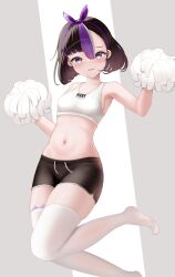 Rule 34 | 1girl, absurdres, black hair, black shorts, blush, breasts, cheerleader, goddess of victory: nikke, gym shorts, highres, holding, holding pom poms, looking at viewer, midriff, mole, mole under eye, multicolored hair, navel, pom pom (cheerleading), pom poms, purple eyes, purple hair, short hair, shorts, skindentation, small breasts, solo, sports bra, streaked hair, syuen (nikke), thighhighs, two-tone hair, wavy mouth, white sports bra, white thighhighs, yomining