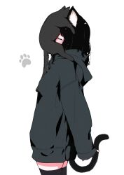 Rule 34 | 1girl, animal ear fluff, animal ears, animal on face, black cat, black hair, black hoodie, blush, cat, cat ears, cat girl, cat tail, closed eyes, from side, highres, hood, hoodie, long hair, megateru, original, oversized clothes, skindentation, sleeves past fingers, sleeves past wrists, tail, thighhighs