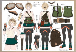 Rule 34 | 1girl, accio, belt, black thighhighs, blonde hair, blue eyes, character sheet, corset, female focus, from behind, full body, gloves, goggles, goggles on head, grin, messy hair, original, pleated skirt, short hair, skirt, smile, solo, standing, thighhighs, v, wrench, zettai ryouiki