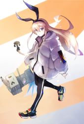 Rule 34 | 1girl, alternate costume, anchor hair ornament, bad id, bad pixiv id, black pants, blonde hair, coat, down jacket, full body, grey eyes, hair between eyes, hair ornament, hairband, highres, jacket, kantai collection, long hair, long sleeves, looking at viewer, open mouth, pants, rensouhou-chan, shimakaze (kancolle), shoes, smile, sneakers, track pants, weasel (close-to-the-edge), white coat, winter clothes, winter coat