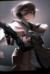 Rule 34 | 1girl, absurdres, belt, black gloves, bow, braid, bridal gauntlets, closed mouth, commentary, english commentary, facial mark, frown, glaring, gloves, gluteal fold, grey eyes, gun, hair bow, half-closed eyes, highres, holding, holding gun, holding weapon, jacket, long sleeves, looking at viewer, magazine (weapon), original, short hair, silver hair, solo, standing, utility belt, vectorek, weapon, white jacket, wide sleeves