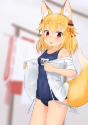 Rule 34 | 1girl, animal ear fluff, animal ears, bell, blonde hair, blurry, blurry background, blush, borrowed character, breasts, commentary request, commission, covered navel, cowboy shot, flower, fox ears, fox girl, fox tail, hair bell, hair flower, hair ornament, indoors, jingle bell, kosuzu rin-chan, looking at viewer, medium hair, name tag, off shoulder, old school swimsuit, original, raised eyebrows, red eyes, school swimsuit, school swimsuit flap, second-party source, shirt, signature, skeb commission, small breasts, solo, stealthwriter, string, swimsuit, swimsuit under clothes, tail, translation request, undressing, unworn kimono, white shirt