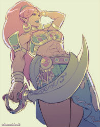 Rule 34 | 1girl, abs, armlet, blue lips, circlet, closed mouth, dark-skinned female, dark skin, dutch angle, earrings, from below, gerudo, green background, hand in own hair, high ponytail, holding, holding weapon, jewelry, lips, long hair, muscular, muscular female, nintendo, pointy ears, ponytail, red hair, rejean dubois, scimitar, simple background, solo, swept bangs, sword, the legend of zelda, the legend of zelda: breath of the wild, thighs, twitter username, urbosa, weapon