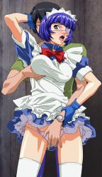 Rule 34 | 00s, blue hair, grabbing another&#039;s breast, breasts, eyepatch, fingering, gloves, grabbing, highres, ikkitousen, large breasts, maid, panties, pussy juice, ryomou shimei, short hair, underwear, wet, wet clothes, wet panties, yabusame