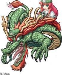 Rule 34 | 1girl, absurdres, beret, braid, commentary, dated, dragon, eastern dragon, english commentary, flandre scarlet, flandre scarlet (bat), green headwear, hat, hat ornament, highres, hong meiling, hong meiling (dragon), long hair, profitshame, red hair, side braids, signature, simple background, star (symbol), star hat ornament, teeth, touhou, twin braids, white background