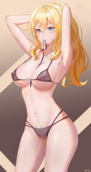 Rule 34 | 1girl, absurdres, armpits, arms up, between breasts, bikini, black bikini, blonde hair, blue eyes, blush, breasts, collarbone, contrapposto, covered erect nipples, cowboy shot, genshin impact, hair between eyes, highres, jean (genshin impact), large breasts, long hair, looking at viewer, mouth hold, multi-strapped bikini, navel, o-ring, o-ring bikini, o-ring top, pubic tattoo, revision, ribbon, ribbon in mouth, see-through, shiny skin, sidelocks, signature, skindentation, solo, standing, string bikini, swimsuit, tattoo, tying hair, underboob, xude