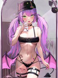 Rule 34 | 1girl, absurdres, bare shoulders, bibi (tokoyami towa), blush, breasts, cellphone, choker, demon tail, demon wings, ear piercing, green eyes, hair ornament, hairclip, hat, highres, holding, holding phone, hololive, horns, kkato, leg tattoo, long hair, looking at viewer, low wings, medium breasts, mirror, multi-strapped bikini bottom, multicolored hair, nail polish, navel, navel piercing, o-ring, o-ring choker, panties, phone, piercing, pink hair, purple hair, revealing clothes, selfie, smartphone, solo, streaked hair, tail, taking picture, tattoo, thigh gap, thigh strap, thighs, tokoyami towa, tongue, tongue out, tongue piercing, twintails, underwear, virtual youtuber, wet, wings