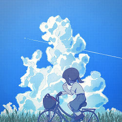 Rule 34 | 1girl, bicycle, bicycle basket, black footwear, black hair, cloud, contrail, cumulonimbus cloud, cup, day, disposable cup, drinking, highres, megateru, original, outdoors, ponytail, riding, riding bicycle, shoes, short ponytail, short sleeves, skirt, summer