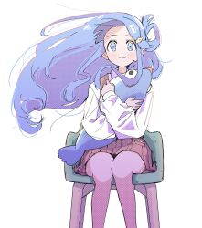 Rule 34 | 1girl, absurdres, asari nanami, blue eyes, blue hair, brown dress, chair, commentary request, dress, fish hair ornament, hair ornament, highres, holding, holding stuffed toy, idolmaster, idolmaster cinderella girls, long hair, pantyhose, pleated dress, single hair ring, sitting, smile, solo, stuffed animal, stuffed fish, stuffed toy, uraya nagi, very long hair