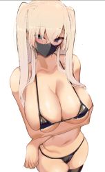 Rule 34 | 1girl, bad id, bad twitter id, bikini, black bikini, black thighhighs, blue eyes, breasts, collarbone, commentary request, crossed bangs, hair between eyes, large breasts, long hair, looking at viewer, mask, mouth mask, navel, original, satou daiji, simple background, solo, swimsuit, thighhighs, two side up, white background, white hair