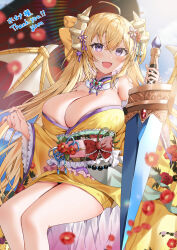 Rule 34 | 1girl, :d, blonde hair, blurry, blush, breasts, cleavage, commentary request, commission, depth of field, dragon girl, dragon horns, dragon wings, eldora (sennsen sensou aigis), flower, gem, hair between eyes, hair flower, hair ornament, highres, holding, holding sword, holding weapon, horns, japanese clothes, kimono, large breasts, long hair, looking at viewer, obi, open mouth, purple eyes, red flower, sash, sennen sensou aigis, sitting, skeb commission, smile, solo, sword, very long hair, weapon, wings, yam (yamap mako), yellow kimono