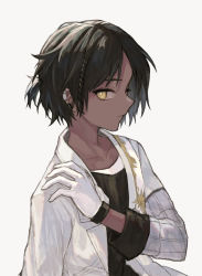 Rule 34 | 1boy, arknights, black hair, closed mouth, dark-skinned male, dark skin, earclip, gloves, highres, jacket, kmkm panna, long sleeves, male focus, ponytail, shirt, short ponytail, simple background, solo, thorns (arknights), upper body, white gloves, white jacket, yellow eyes