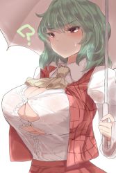 Rule 34 | 1girl, ?, ascot, blouse, breasts, bursting breasts, buttons, cleavage, commentary request, green hair, highres, holding, holding umbrella, juliet sleeves, kaizu (kaizukurodai), kazami yuuka, large breasts, long sleeves, nipples, no bra, open clothes, open vest, puffy sleeves, red eyes, red skirt, see-through, shirt, simple background, skirt, solo, touhou, umbrella, upper body, vest, wet, wet clothes, white background, white shirt, wing collar
