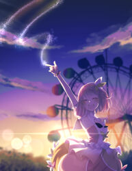 Rule 34 | 1girl, :d, absurdres, arm up, armpits, blurry, blush, bokeh, bow, bracelet, bubble skirt, closed eyes, cloud, collar, cowboy shot, depth of field, detached collar, detached sleeves, evening, facing viewer, ferris wheel, hair bow, highres, index finger raised, jewelry, lens flare, light particles, night, night sky, nuko 0108, ootori emu, open mouth, outdoors, pink hair, pink shirt, pink skirt, pink sleeves, project sekai, puffy detached sleeves, puffy sleeves, shirt, short hair, sidelocks, skirt, sky, smile, solo, strapless, strapless shirt, sunset, teeth, upper teeth only, white collar
