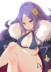 Rule 34 | 1girl, ahoge, bikini, black bikini, black cape, breasts, cape, cleavage, crossed legs, facial mark, fate/grand order, fate (series), flower, forehead, forehead mark, fur-trimmed cape, fur trim, hair flower, hair ornament, highres, large breasts, long hair, looking at viewer, parted bangs, ponytail, purple eyes, purple hair, sidelocks, sitting, smile, solo, swimsuit, thighs, very long hair, wu zetian (fate), wu zetian (swimsuit caster) (fate), wu zetian (swimsuit caster) (third ascension) (fate), yoniki