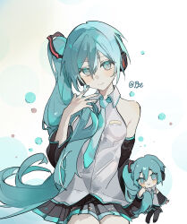 Rule 34 | 1girl, :&gt;, absurdres, bare shoulders, black skirt, black sleeves, blue eyes, blue hair, blue nails, blue necktie, blush, breasts, chibi, chibi inset, closed mouth, collared shirt, cowboy shot, detached sleeves, hair between eyes, hatsune miku, head tilt, headphones, highres, long hair, long sleeves, miniskirt, nail polish, necktie, pleated skirt, pye yyy, shirt, side ponytail, sidelocks, simple background, sitting, skirt, sleeveless, sleeveless shirt, small breasts, smile, solo, twitter username, vocaloid, white background, white shirt