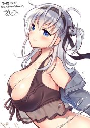Rule 34 | 1girl, ahoge, beach, bikini, black bikini, blue eyes, breasts, cleavage, closed mouth, clothes writing, collarbone, dated, grey jacket, hair ornament, headband, highres, jacket, kantai collection, large breasts, lips, long hair, looking at viewer, one side up, sasachin (k+w), signature, silver hair, simple background, smile, solo, suzutsuki (kancolle), swimsuit, twitter username, upper body, white background