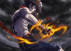 Rule 34 | 1boy, abs, back, belt, cloud, fire, freckles, hand on headwear, hat, jewelry, jolly roger, looking at viewer, male focus, muscular, necklace, one piece, outdoors, pirate, portgas d. ace, topless male, shorts, solo, tattoo