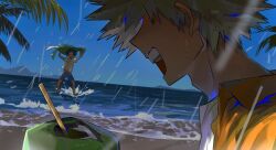 Rule 34 | 2boys, ^ ^, adam&#039;s apple, alternate costume, arms up, bakugou katsuki, barefoot, beach, blonde hair, blue male swimwear, blue sky, blue swim trunks, blurry, blurry foreground, boku no hero academia, casual, chinese commentary, closed eyes, coconut cup, collared shirt, depth of field, dot nose, drinking straw, dutch angle, evening, floating clothes, freckles, fruit cup, green hair, happy, highres, holding, holding clothes, holding shirt, horizon, male focus, male swimwear, midoriya izuku, multiple boys, ocean, open mouth, orange shirt, outdoors, pao jiao yu pao jiao, profile, rain, running, shirt, short hair, short sleeves, sky, smile, spiked hair, splashing, swim trunks, swimsuit, t-shirt, teeth, undershirt, upper teeth only, white shirt