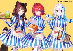 Rule 34 | 3girls, ange katrina, animal ears, apron, blue eyes, blue hair, box, braid, brown hair, chicken (food), colored inner hair, cosplay, dog ears, dog girl, dress, feather hair ornament, feathers, food, french fries, fuzichoco, hair ornament, heterochromia, holding, holding box, holding tray, inui toko, lize helesta, long hair, multicolored hair, multiple girls, nijisanji, official art, one eye closed, purple eyes, red eyes, sebastian piyodore, short hair, silver hair, skirt, smile, striped clothes, striped dress, striped skirt, tray, twin braids, vertical-striped clothes, vertical-striped skirt, virtual youtuber, wendy&#039;s, wendy (wendy&#039;s), wendy (wendy&#039;s) (cosplay), yellow background, yellow eyes