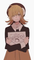Rule 34 | 1girl, blush, collared shirt, crying, crying with eyes open, drawing (object), hair over one eye, hat, highres, holding, holding sketchbook, long hair, long sleeves, looking at viewer, maco22, original, shirt, sketchbook, skirt, sleeve cuffs, smile, solo, tears, yellow eyes