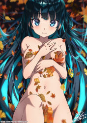 Rule 34 | 1girl, absurdres, arm under breasts, armpit crease, autumn leaves, black hair, blue eyes, blue hair, blush, breasts, closed mouth, colored inner hair, commentary request, completely nude, dated, falling leaves, ginkgo leaf, hand on own chest, highres, knee up, leaf, light blush, long hair, looking at viewer, lying, medium breasts, motion blur, multicolored hair, navel, nude, on back, original, raiz art works, signature, solo, split mouth, stomach, very long hair, wavy mouth