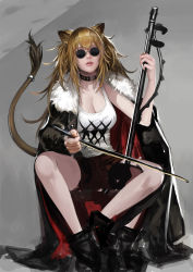 Rule 34 | 1girl, animal ears, arknights, black coat, blonde hair, breasts, brown shorts, cleavage, coat, collar, erhu, facing viewer, frostce, grey background, highres, instrument, invisible chair, large breasts, lion ears, lion tail, music, parted lips, playing instrument, shirt, shorts, siege (arknights), sitting, sketch, solo, sunglasses, tail, tinted eyewear, white shirt