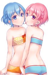 Rule 34 | 1boy, 1girl, androgynous, ass, back, bad id, bad pixiv id, bikini, blue eyes, blue hair, blush, braid, brother and sister, crossdressing, dorothy west, reona west, looking at viewer, misaka (05), mole, mole under eye, open mouth, pink eyes, pink hair, pretty series, pripara, short hair, siblings, swimsuit, trap, twins, white background