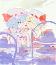 Rule 34 | 2girls, archived source, backlighting, bad drawr id, bad id, blonde hair, blue hair, cake, cherry, closed mouth, cream, cream on face, dessert, drawr, eating, elbow rest, elbows on table, expressionless, eye contact, face-to-face, flandre scarlet, food, food in mouth, food on face, frilled cuffs, frilled hat, frilled shirt collar, frilled sleeves, frills, from side, fruit, hand up, hands up, hat, holding, holding cake, holding food, light blue hair, looking at another, mob cap, multiple girls, oekaki, outdoors, own hands clasped, own hands together, pink headwear, profile, puffy short sleeves, puffy sleeves, red eyes, red ribbon, remilia scarlet, ribbon, ribbon-trimmed headwear, ribbon trim, short hair, short sleeves, shortcake, siblings, sisters, sweets, table, tiered tray, touhou, upper body, wavy hair, whipped cream, white headwear, wrist cuffs, yellow neckwear, yu (yukiri)