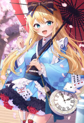 Rule 34 | 1girl, blonde hair, blue dress, blue kimono, blush, breasts, card, cat, character request, check character, cherry blossoms, clock, dress, floral print, flower, garter straps, green eyes, hair ornament, hair ribbon, haruyuki 14, highres, holding, holding umbrella, japanese clothes, kimono, large breasts, long hair, long sleeves, looking at viewer, mononobe alice, nijisanji, oil-paper umbrella, open mouth, outdoors, ribbon, rose, skirt, smile, thighhighs, umbrella, virtual youtuber, wide sleeves, zettai ryouiki