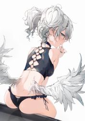 Rule 34 | 1girl, angel wings, ass, back, back cutout, bare arms, bare shoulders, black choker, black panties, black shirt, blue eyes, breasts, choker, clothing cutout, commentary request, crop top, feathered wings, frilled panties, frills, from behind, grey nails, hair ornament, hairclip, highres, long hair, looking at viewer, looking back, medium breasts, nail polish, no pants, original, panties, parted lips, profile, shirt, side-tie panties, silver hair, sitting, sleeveless, sleeveless shirt, solo, thighs, twintails, underwear, wings, yatsuha (hachiyoh)