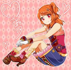 Rule 34 | 10s, 1girl, aikatsu!, aikatsu! (series), bad id, bad pixiv id, bare shoulders, blush, boots, bow, brown hair, earrings, gloves, jewelry, long hair, looking at viewer, necklace, one side up, ozora akari, red eyes, short hair, sitting, skirt, smile, solo, tarachine, white gloves