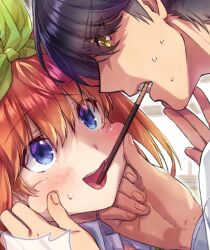 Rule 34 | 1boy, 1girl, 2022, :d, black hair, blue eyes, blush, cheek pinching, close-up, commentary request, couple, dated commentary, eye contact, eyelashes, eyes visible through hair, fingernails, food in mouth, go-toubun no hanayome, green ribbon, hair between eyes, hair ribbon, hands on another&#039;s cheeks, hands on another&#039;s face, hetero, incoming pocky kiss, looking at another, nakano yotsuba, nervous smile, nervous sweating, open mouth, orange hair, pinching, pocky, pocky day, pocky in mouth, ribbon, short hair, shy, smile, straight hair, sweat, swept bangs, teeth, uesugi fuutarou, upper teeth only, upturned eyes, yellow eyes, yu (flowerbird3830)