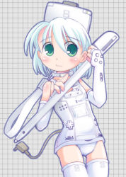 Rule 34 | 1girl, :3, blush, collar, d-pad, dress, fingerless gloves, flat chest, gloves, green eyes, grey background, grid, grid background, handheld game console, hatomugi (mamotan), holding, nintendo, nintendo ds, os-tan, oversized object, panties, personification, plug, product girl, short hair, sleeveless, sleeveless dress, smile, solo, standing, stylus, thighhighs, underwear, white dress, white gloves, white hair, white panties, white thighhighs