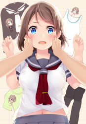 Rule 34 | 10s, 1girl, blue eyes, blush, breasts, brown hair, cheek pinching, competition swimsuit, embarrassed, glasses, green shirt, hands on another&#039;s cheeks, hands on another&#039;s face, komone ushio, looking at viewer, love live!, love live! sunshine!!, mini person, minigirl, navel, one-piece swimsuit, opaque glasses, open mouth, pantyhose, pinching, pov, pov hands, school uniform, serafuku, shirt, short hair, solo focus, surprised, sweatdrop, swimsuit, t-shirt, tank top, watanabe you
